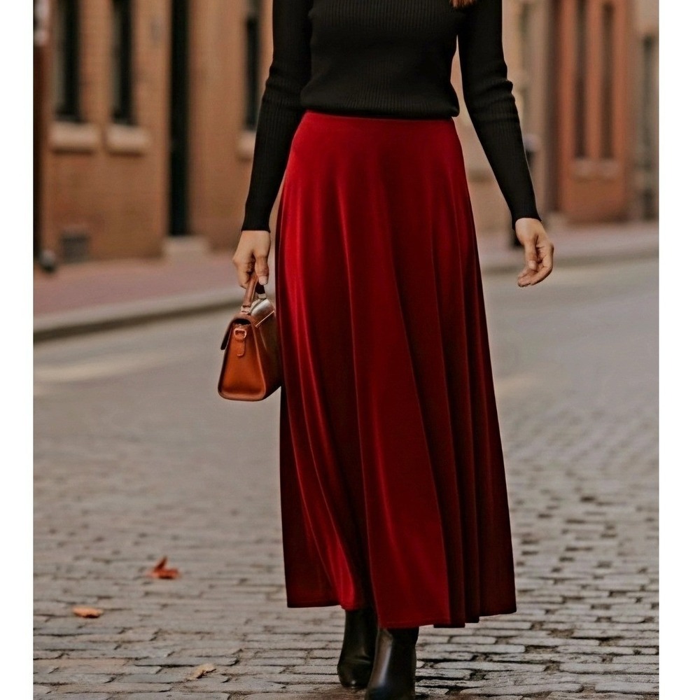 Jaclyn Smith Womens L Velvet Maxi Skirt Red Christmas Holiday Old Money Modest